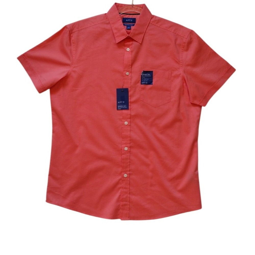 Apt. 9 Button Up Shirt Men M Coral Seriously Soft Slim-Fit Short Sleeves Casual